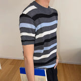 Wiaofellas  -  Daily Casual Knitting Tops Mens Stylish Striped Knit Short Sleeve Pullover Men Vintage O Neck Knitted T Shirts Summer Tee