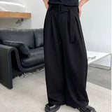 Wiaofellas -  Summer Mens Western Trousers Retro Simplicity Loose Wide Leg Suit Pants Bring A Belt Fashion Solid Casual Straight Pantalones