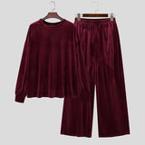 Wiaofellas  -  Men's Sets Solid Velour Shiny Long Sleeve T Shirt Pants Two Piece Sets Streetwear Loose Fashion Men Matching Sets