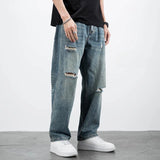 Wiaofellas  -  Men's Jeans Broken Straight Trousers Ripped with Holes Loose Torn Wide Leg Male Cowboy Pants Baggy  Korean Autumn New in Xs