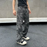 WIAOFELLAS  -  New trendy loose straight tube nostalgic phantom gray leather pants