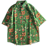 Wiaofellas  -  New Summer Graffiti Cartoon Cat INS Retro Short Sleeve Floral Shirt Hawaiian Beach Coast Outerwear Breathable Polyester Casual