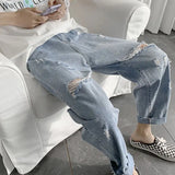 Wiaofellas  -  Korean Loose Straight Cylinder Hole Jeans Men Summer New Thin Style Trend Street Casual Solid Color All-match Pants