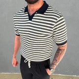 WIAOFELLAS  -  Men's Summer Knit Polo Shirt Vintage Striped Print Knitted Tees Shirt Fashion Casual Lapel Short Sleeve Tops Male Clothing