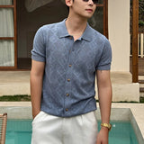 Wiaofellas  -  Old Money Mens Jacquard Shirts Stylish Turn Down Collar Short Sleeve Polo Shirts Summer Slim Breathable Button Men Tops