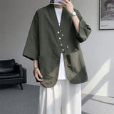 WIAOFELLAS  -  Niche Design Men's Shirts V-neck Solid Color Button Desig Ice Silk Big Pocket Casual Male Tops Summer Menswear