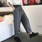 WIAOFELLAS  -  Mens Trousers Belt Decoration Casual Pants Autumn British Style Business Commuting Wild Straight Harem Pants Men'S Clothing