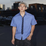 WIAOFELLAS  -  Plaid Design Men's Shirts Fake Tie Design Pocket Short Sleeved Contrast Color Casual Single Breasted Loose Male Top