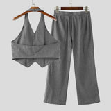 WIAOFELLAS  -  Men Sets Striped V Neck Sleeveless Crop Tops Vests & Pants Two Pieces Sets Streetwear Fashion Men's Casual Suits