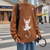 WIAOFELLAS  -  Ripped Pullovers Men Cat-Printed Teens Personality Streetwear Design Baggy All-match Cool Students Unisex Clothing Sweater Male