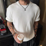 Wiaofellas  -  Luxury Textured Knit Men T-shirt Ribbed Short Sleeve O Neck Slim Fit Casaul Tees Korean Fashion Streetwear Breathable Tops M-3XL