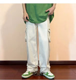 WIAOFELLAS  -  American Retro Workwear Pants Men's High Street Ins Trendy Loose Straight Leg Mop Pants with Multiple Pockets Casual Pants