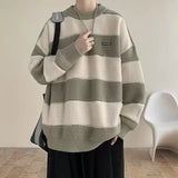 WIAOFELLAS  -  Autumn Appliques Patchwork Striped Sweater For Men Y2K Vintage Pullovers Knit Jumpers Winter Loose Knitwear 2025 New pull homme