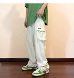 WIAOFELLAS  -  American Retro Workwear Pants Men's High Street Ins Trendy Loose Straight Leg Mop Pants with Multiple Pockets Casual Pants