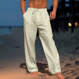 Wiaofellas  -  Men Summer Cotton Linen Drawstring Casual Pants Solid Color Loose Wide Leg Trousers Breathable Elastic Waist Daily Beach