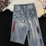 WIAOFELLAS  -  High Street Graffiti Tie-dye Jeans for Men and Women Trendy Brand Handsome Loose Straight Wide Leg Trousers Jeans