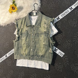 WIAOFELLAS  -  vestRetro Washed Raw Edge Ripped Denim Vest Mens American High Street Fashion Trend Casual Loose Sleeveless Waistcoat Y2k Jacket