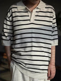 Wiaofellas  -  Vintage Mens Knit Polo Shirts Trendy Striped Short Sleeve Polo Neck Tops Men Knitwear Summer New Casual Half Sleeve Polo Shirt