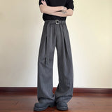 WIAOFELLAS  -  Vintage Striped Textured Lace-up Trousers Men Streetwear Fashion Loose Straight Pants Mens Spring Trendy Pleated Draped Bottoms