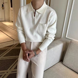 Wiaofellas  -  Autumn Casual Pullover Mens Daily Leisure Solid Color Ziper Shirts Vintage Turn-down Collar Pocketed Long Sleeve Shirt Tops Men