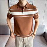 Wiaofellas  -  Ice Silk Cool Striped Knitted Polo Shirt for Men's Summer Collar Short Sleeved T-shirt Versatile Business Casual Social T-shirts