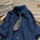 WIAOFELLAS  -  Short-sleeved Work Shirt Men's Summer Tie Handsome High-end Fashion Brand Trendy Couple College Style