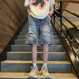 WIAOFELLAS  -  Mens Denim Shorts Ripped Trendy Y2k Lightning Pattern Shorts High Street American Style Versatile Retro Shorts Thin Summer