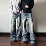 Wiaofellas  -  Men American Vintage Washed Jeans Mark Loose Straight Leg Trousers Cleanfit Baggy Denim Pants Male Streetwear Long Pants