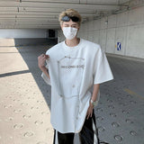 WIAOFELLAS  -  Fashion Men's Letter Print Rivet Shoulder Pads Loose T-shirt Trendy Summer Short Sleeves O-neck Casual Top Male