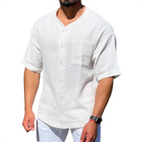 WIAOFELLAS  -  Retro Solid Color Button-up Cardigan Tops Men Casual Breathable Short Sleeve Shirts Mens Spring Summer Fashion Loose Shirt
