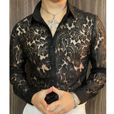 Wiaofellas  -  Men's Slim Fit Shirt Spring Transparent Long Sleeved Shirt Men Nightclub Sexy Casual Social Party Singer Shirt