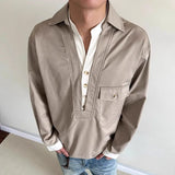 Wiaofellas  -  American Retro Old Money Style Contrasting V-neck Long-sleeved Shirt for Men Spring and Autumn Loose Fake Two-piece Shirt