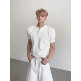 Wiaofellas  -  New Summer Men White Henry Neck Top Regular Shoulder Short Sleeve Polo Shirt Stylish Minimal Daily Casual Wear With High