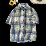 WIAOFELLAS  -  Plaid Ice Feel Tie Dye Short Sleeve Shirt Men Women Casual Loose Plus Size Shirt Thin Fabtic Pink Blue Green Clothes