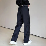 Wiaofellas   -  New  Black Casual Pants For Men Loose Casual Belt Design Straight Long Pants Spring Niche Trousers Male Tide 2A0214
