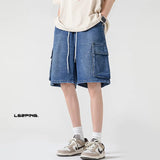 Wiaofellas Summer Cargo Denim Shorts Men Fashion Retro Pocket Denim Shorts Mens Japanese Streetwear Hip-hop Loose Blue Jeans Shorts Men