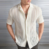 Wiaofellas  -  Men's Shirts Spring Sexy Pure Breathable Hollow Crochet T Shirt Men Summer Short Sleeve Button Lapel Casual Knitted Top Cardigan