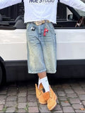 WIAOFELLAS  -  Men Copped Streetwear Retro Jeans Mid Waist Rompers Jumpsuits Knee Length Denim Casual Solid Washing