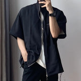 WIAOFELLAS  -  Vintage Stand Collar Zip-up Cardigan Mens Shirt Casual Breathable Loose Half Sleeve Tops Summer Men Fashion Pocket Design Shirt