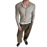 WIAOFELLAS  -  Emerald green deep v-neck perspective long-sleeved T-shirt men's ascetic slim tulle blouse lazy inner Henry collar top