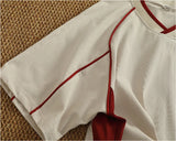 WIAOFELLAS  -  Athleisure style V-neck short-sleeved T-shirt male couple pure cotton color splicing summer fashion half sleeve base T