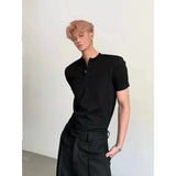 Wiaofellas  -  New Summer Men White Henry Neck Top Regular Shoulder Short Sleeve Polo Shirt Stylish Minimal Daily Casual Wear With High