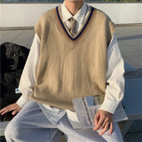 WIAOFELLAS  -  Sweater Vest Men Retro V-neck Vintage Campus Fashion Winter Japanese College DK Loose Basic Knitting All-match Trendy Chandails