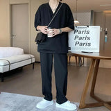 WIAOFELLAS  -  Ice Silk Sports Suit V-neck Short-sleeved T-shirt and Trousers Two-piece Set British Yuppie Handsome Summer Set