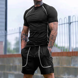 WIAOFELLAS  -  Versatile New Sports Tight Round Neck Short-sleeved Pullover and Three-quarter Shorts Men's Running Fitness Clothing Set