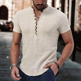 Wiaofellas  -  Men's Short Sleeve Linen Shirt Summer Lightweight Casual V-Neck T-Shirt Men Basic Solid Color Loose Fit Top