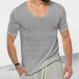 WIAOFELLAS  -  New Men's Short Sleeve Knitted T-Shirt Male Clothing Fashion Spring Summer Solid Color V-Neck Slim TShirt Male Tees Tops