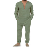 WIAOFELLAS  -  Spring Autumn Mens Suit Fashion Solid Color Casual T-Shirt Long Sleeve Cotton Linen V-Neck Shirt Long Pants Two-Piece Set