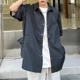 WIAOFELLAS  -  Three-dimensional Pocket Design Men's Shirts Solid Color Single Breasted Turn-down Collar Short Sleeve Male Tops