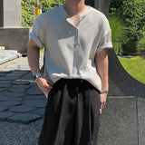 WIAOFELLAS  -  New Fashion American Style Men T-shirt Luxury Striped Knitted Henry Collar Tees Casual Solid Color Short Sleeve Breathable Tops